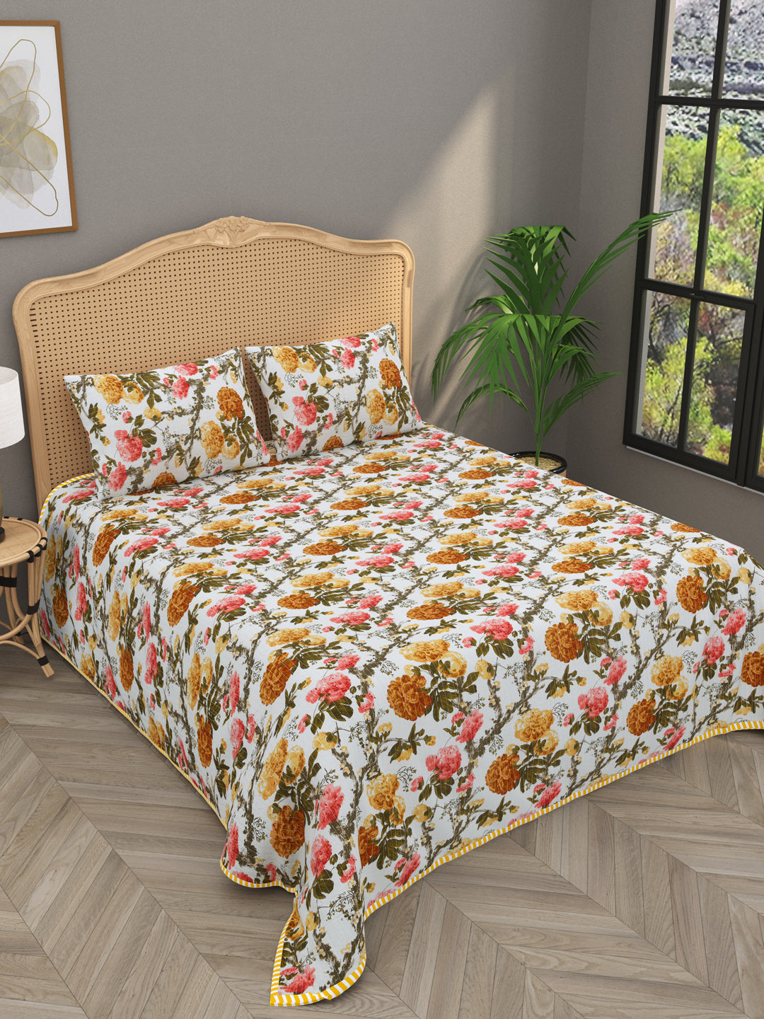 Quilted Floral Printed Reversible Bedcover with 2 Pillow Covers