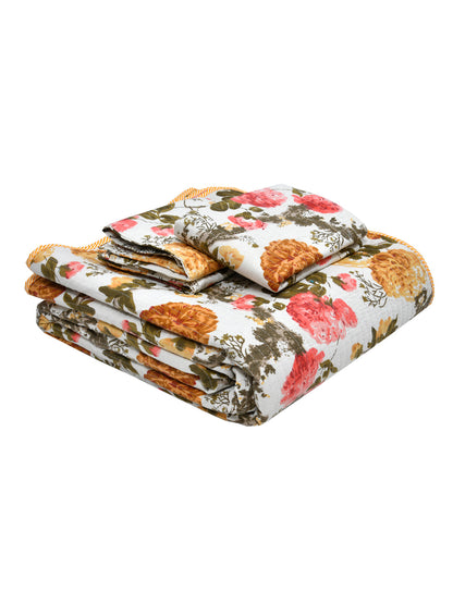 Quilted Floral Printed Reversible Bedcover with 2 Pillow Covers