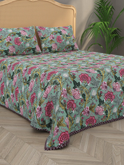 Quilted Floral Printed Reversible Bedcover with 2 Pillow Covers