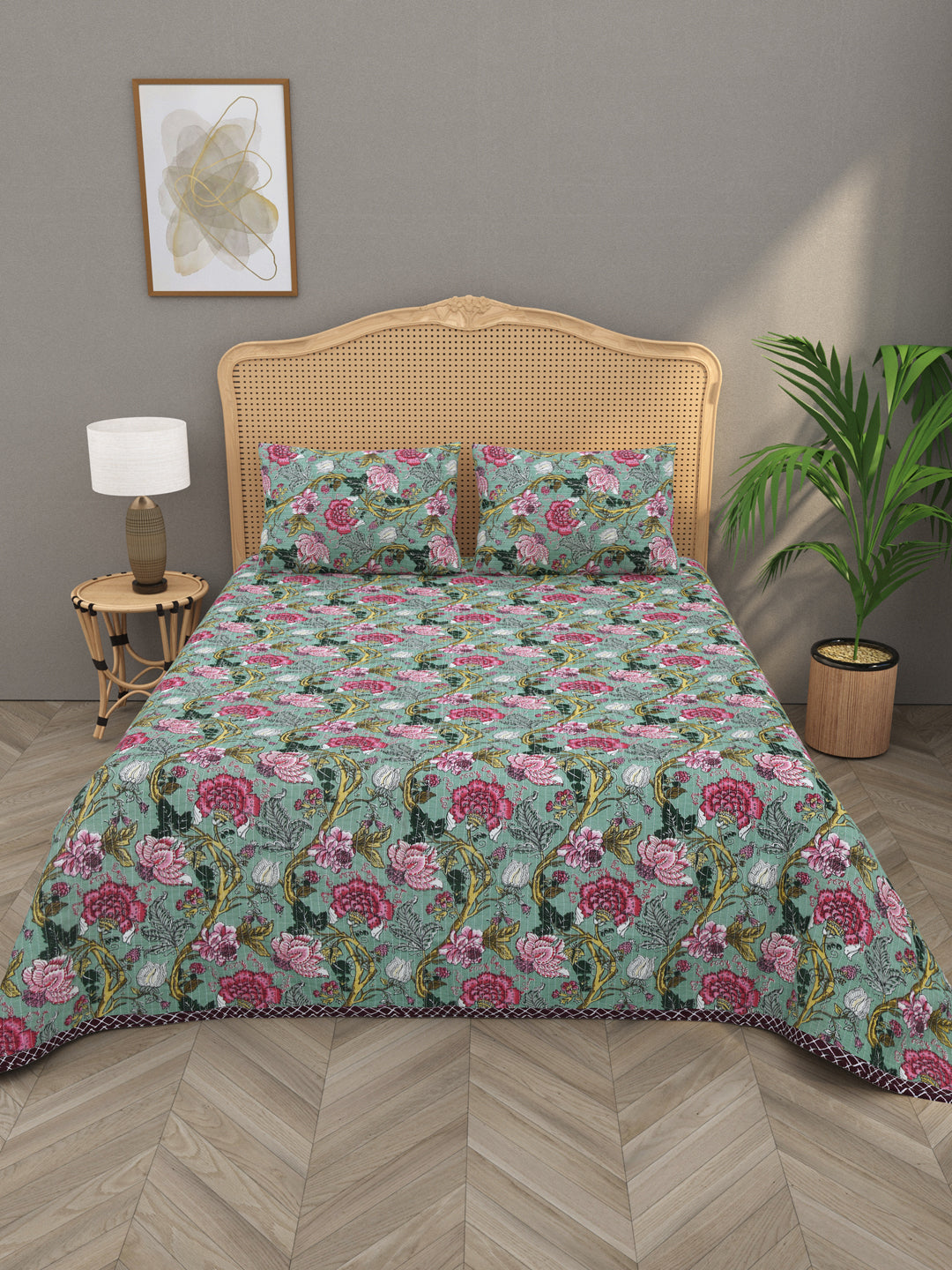 Quilted Floral Printed Reversible Bedcover with 2 Pillow Covers