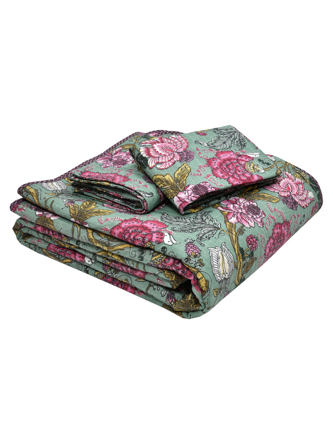 Quilted Floral Printed Reversible Bedcover with 2 Pillow Covers