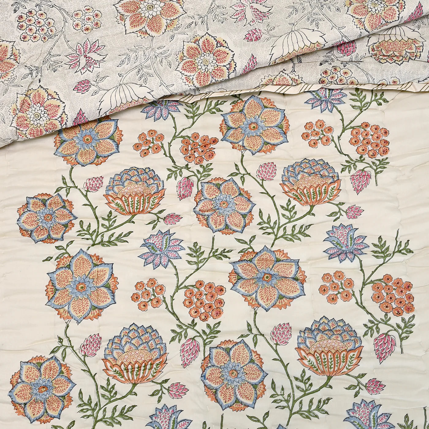 Double King Revesible Handblock printed Cotton Jaipuri Razai/Quilt -