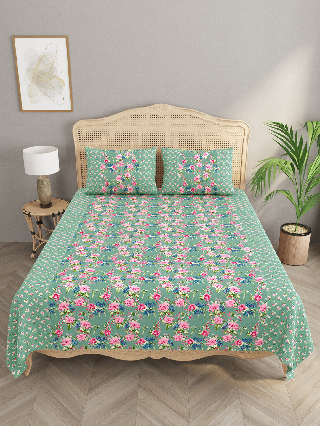 Premium Indigo Cotton Floral Print Super King Bedsheet with 2 Pillow Covers(108*108)
