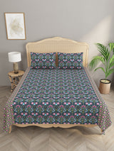 Premium Indigo Cotton Floral Print Super King Bedsheet with 2 Pillow Covers(108*108)