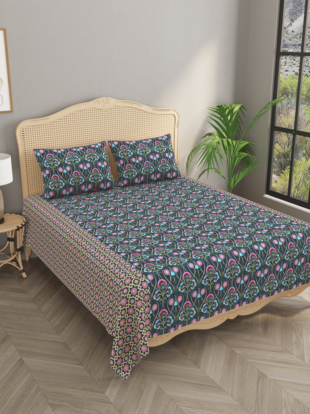 Premium Indigo Cotton Floral Print Super King Bedsheet with 2 Pillow Covers(108*108)