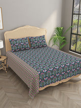 Premium Indigo Cotton Floral Print Super King Bedsheet with 2 Pillow Covers(108*108)