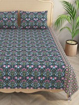Premium Indigo Cotton Floral Print Super King Bedsheet with 2 Pillow Covers(108*108)