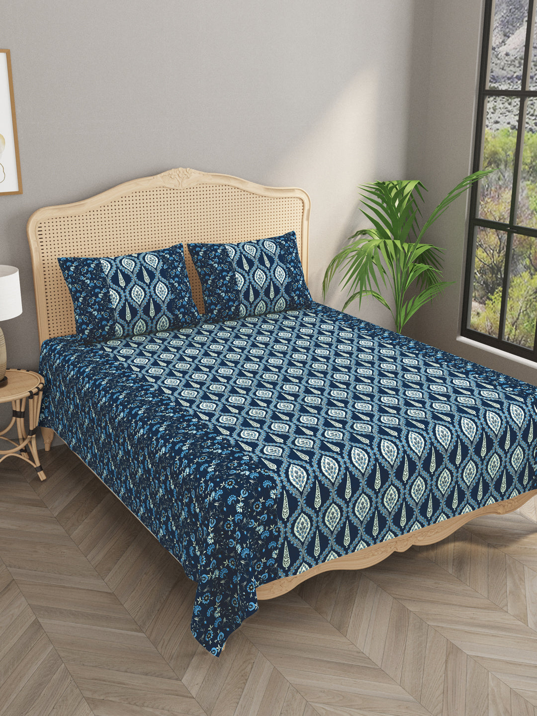 Premium Indigo Cotton Floral Print Super King Bedsheet with 2 Pillow Covers(108*108)