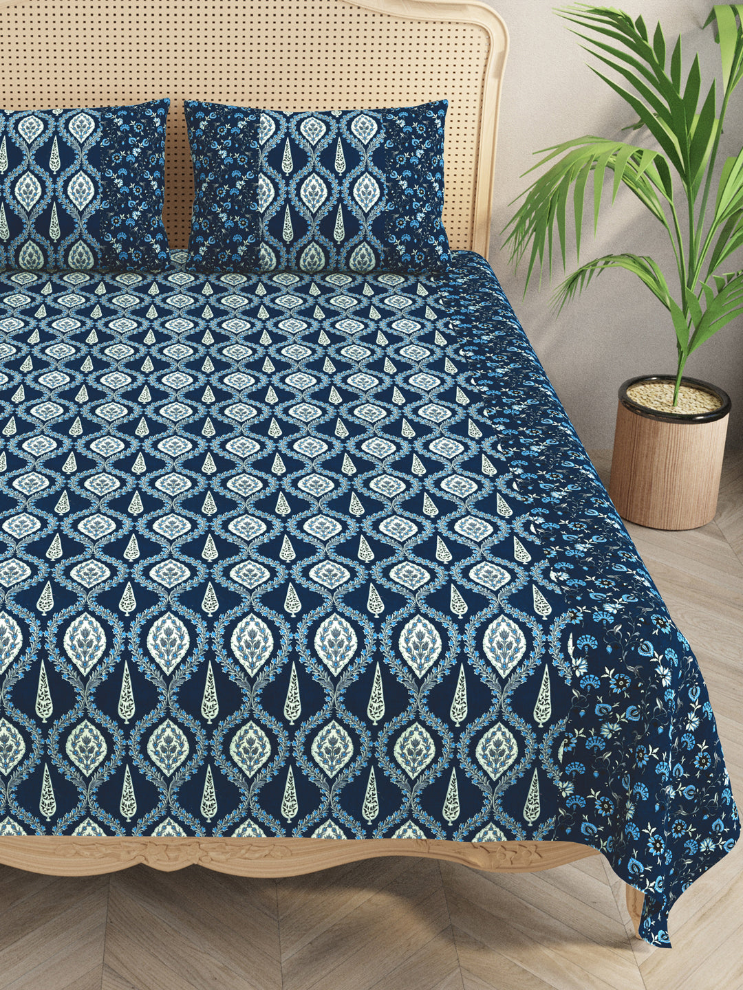 Premium Indigo Cotton Floral Print Super King Bedsheet with 2 Pillow Covers(108*108)