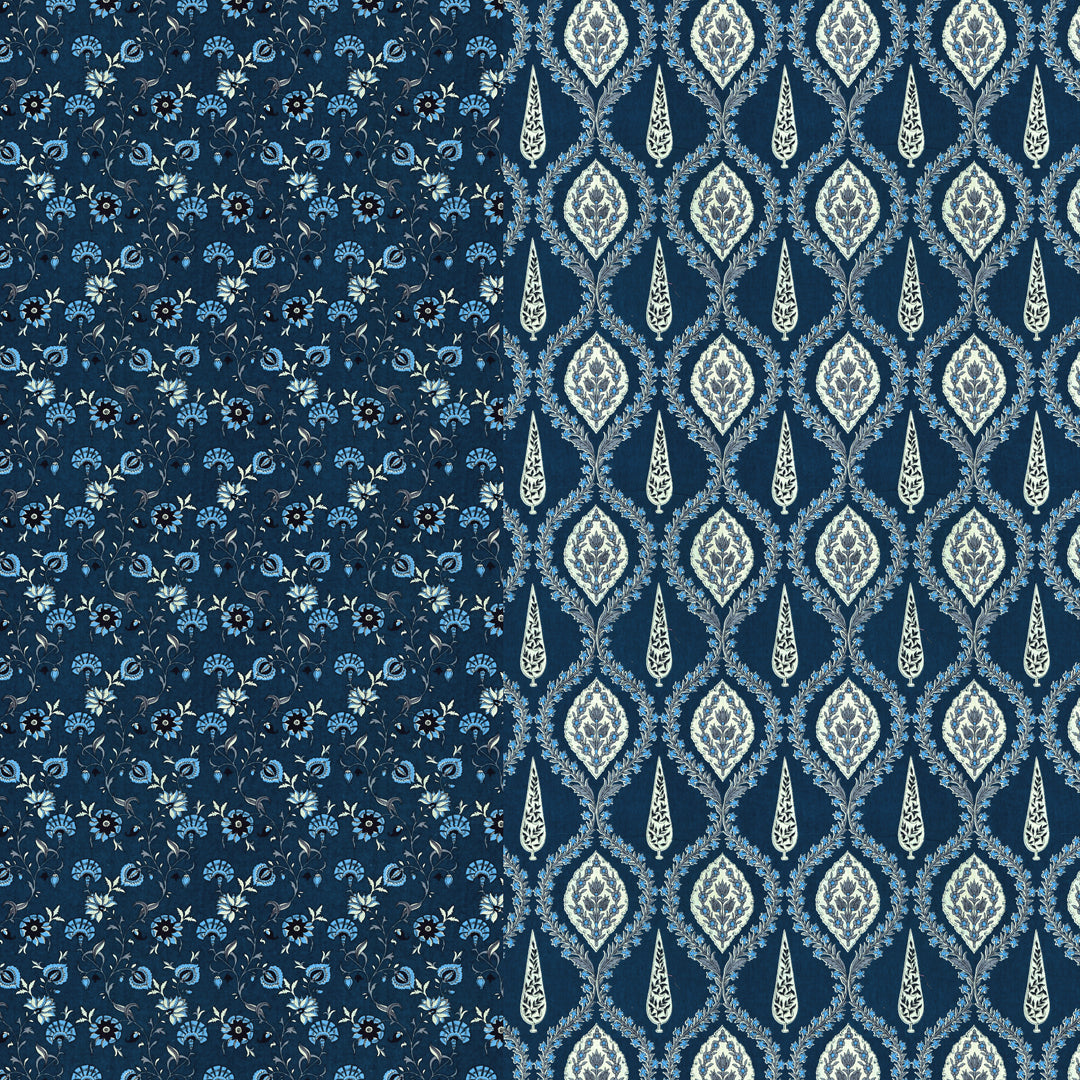 Premium Indigo Cotton Floral Print Super King Bedsheet with 2 Pillow Covers(108*108)