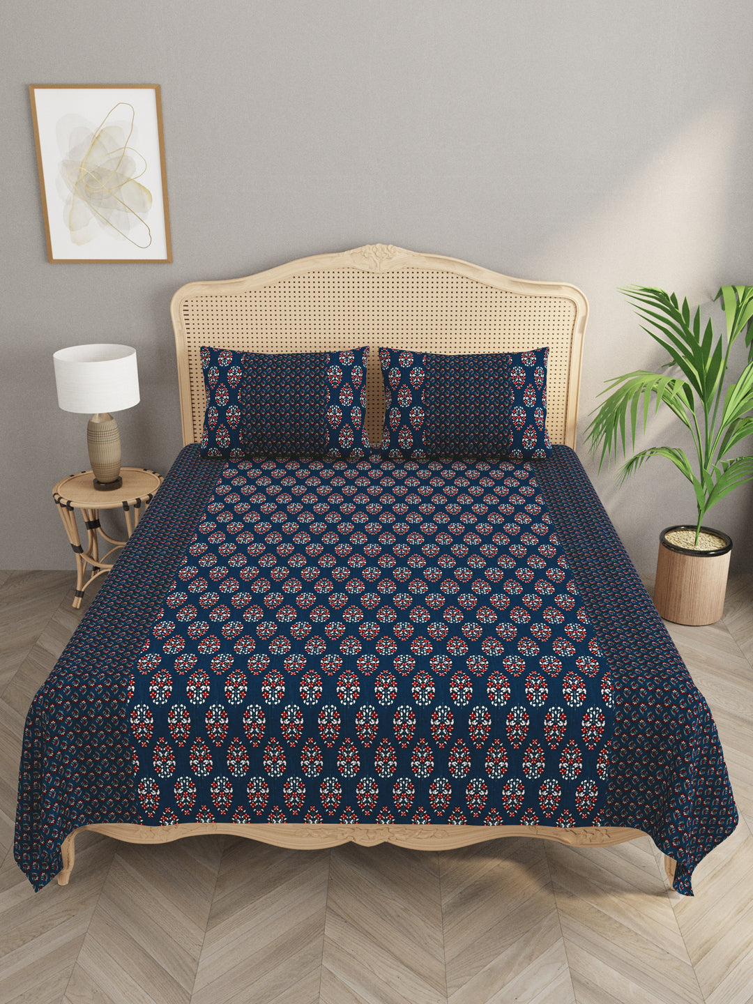 Premium Indigo Cotton Floral Print Super King Bedsheet with 2 Pillow Covers(108*108)