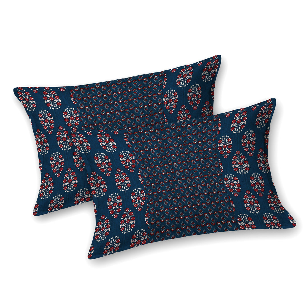 Premium Indigo Cotton Floral Print Super King Bedsheet with 2 Pillow Covers(108*108)