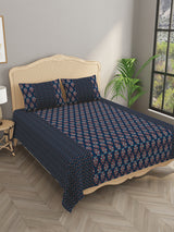 Premium Indigo Cotton Floral Print Super King Bedsheet with 2 Pillow Covers(108*108)
