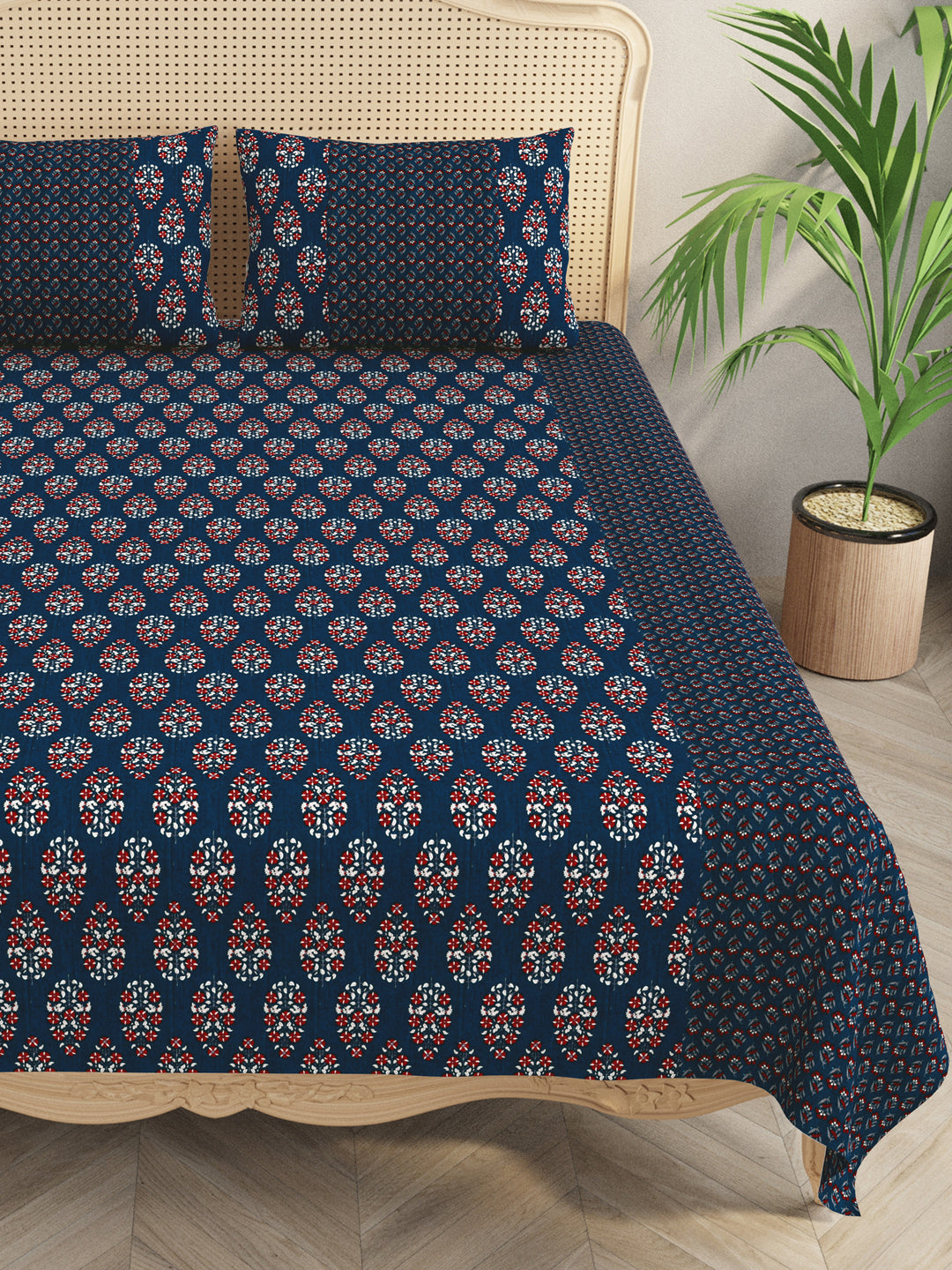 Premium Indigo Cotton Floral Print Super King Bedsheet with 2 Pillow Covers(108*108)