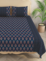 Premium Indigo Cotton Floral Print Super King Bedsheet with 2 Pillow Covers(108*108)