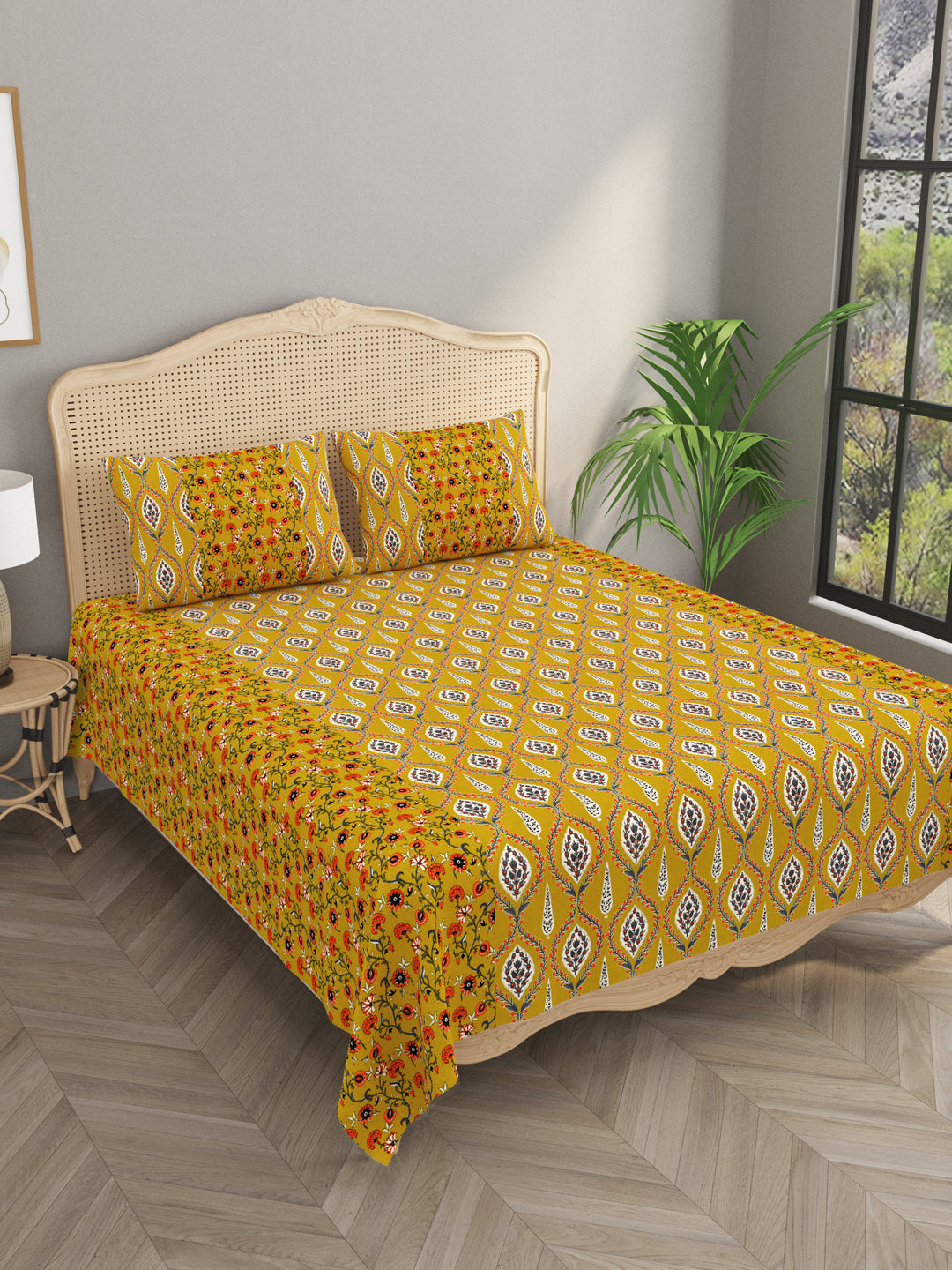 Premium Indigo Cotton Floral Print Super King Bedsheet with 2 Pillow Covers(108*108)