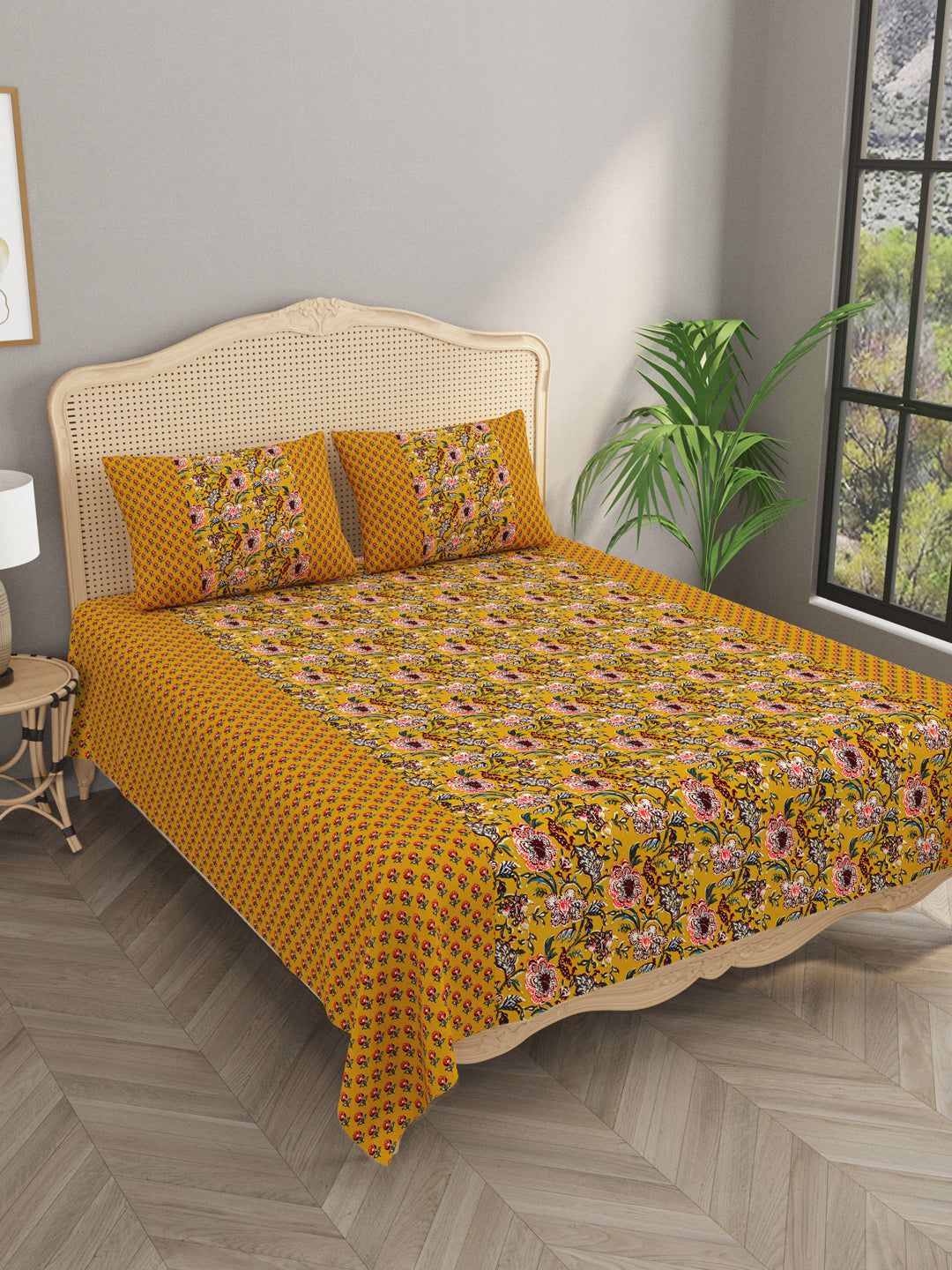 Premium Indigo Cotton Floral Print Super King Bedsheet with 2 Pillow Covers(108*108)