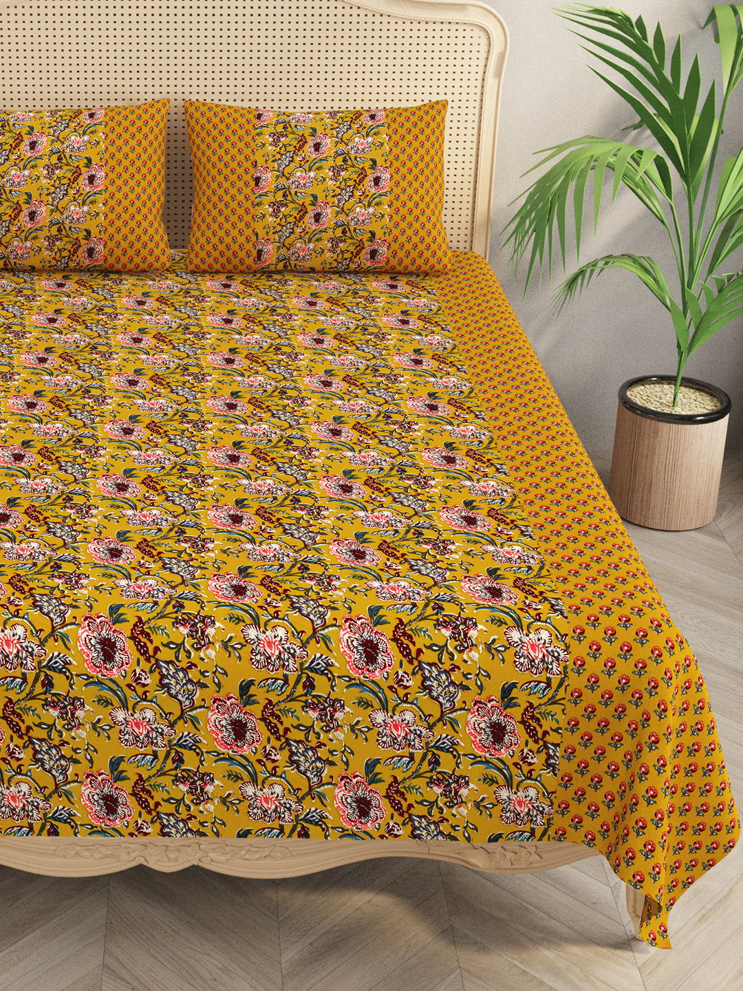 Premium Indigo Cotton Floral Print Super King Bedsheet with 2 Pillow Covers(108*108)