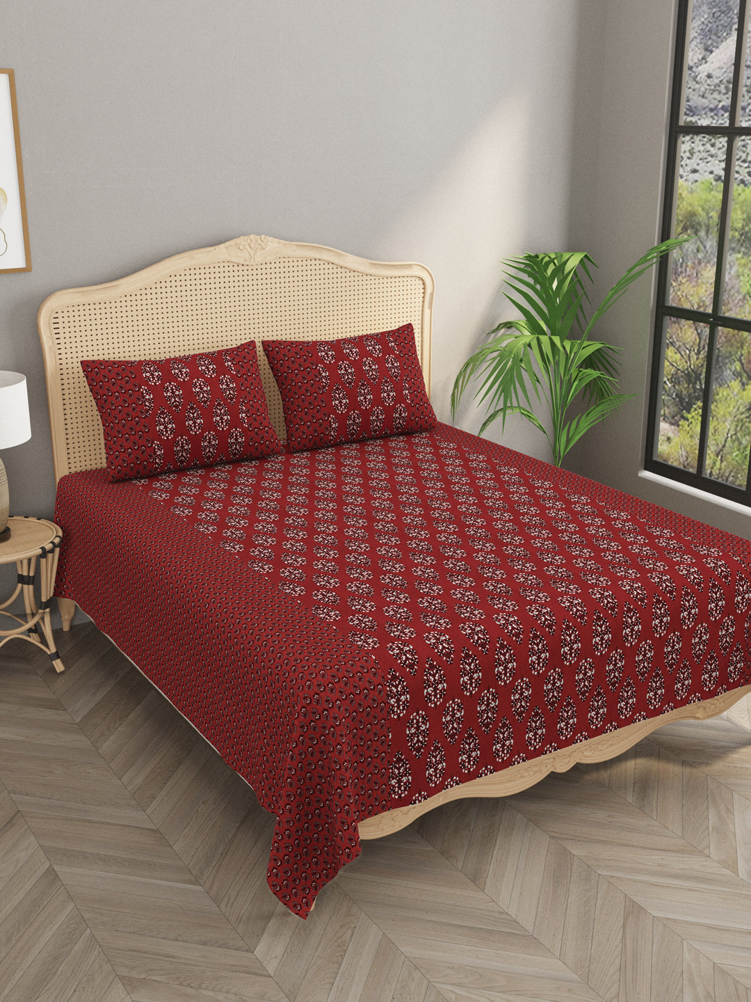 Premium Indigo Cotton Floral Print Super King Bedsheet with 2 Pillow Covers(108*108)