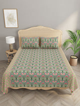 Premium Indigo Cotton Floral Print Super King Bedsheet with 2 Pillow Covers(108*108)