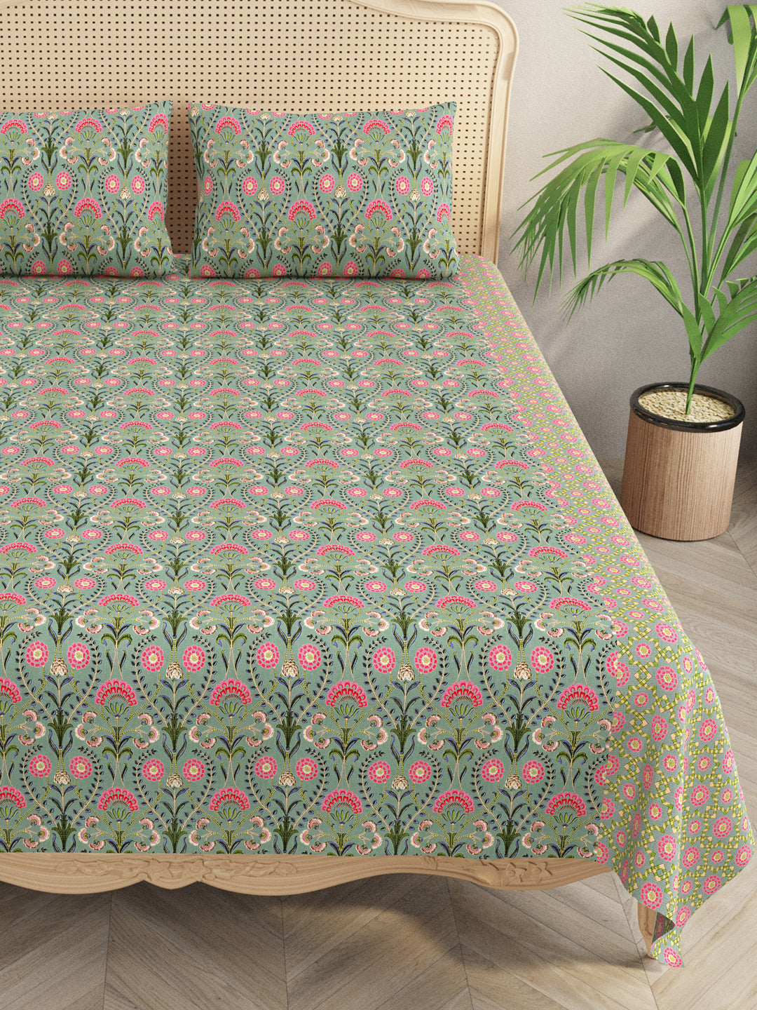 Premium Indigo Cotton Floral Print Super King Bedsheet with 2 Pillow Covers(108*108)