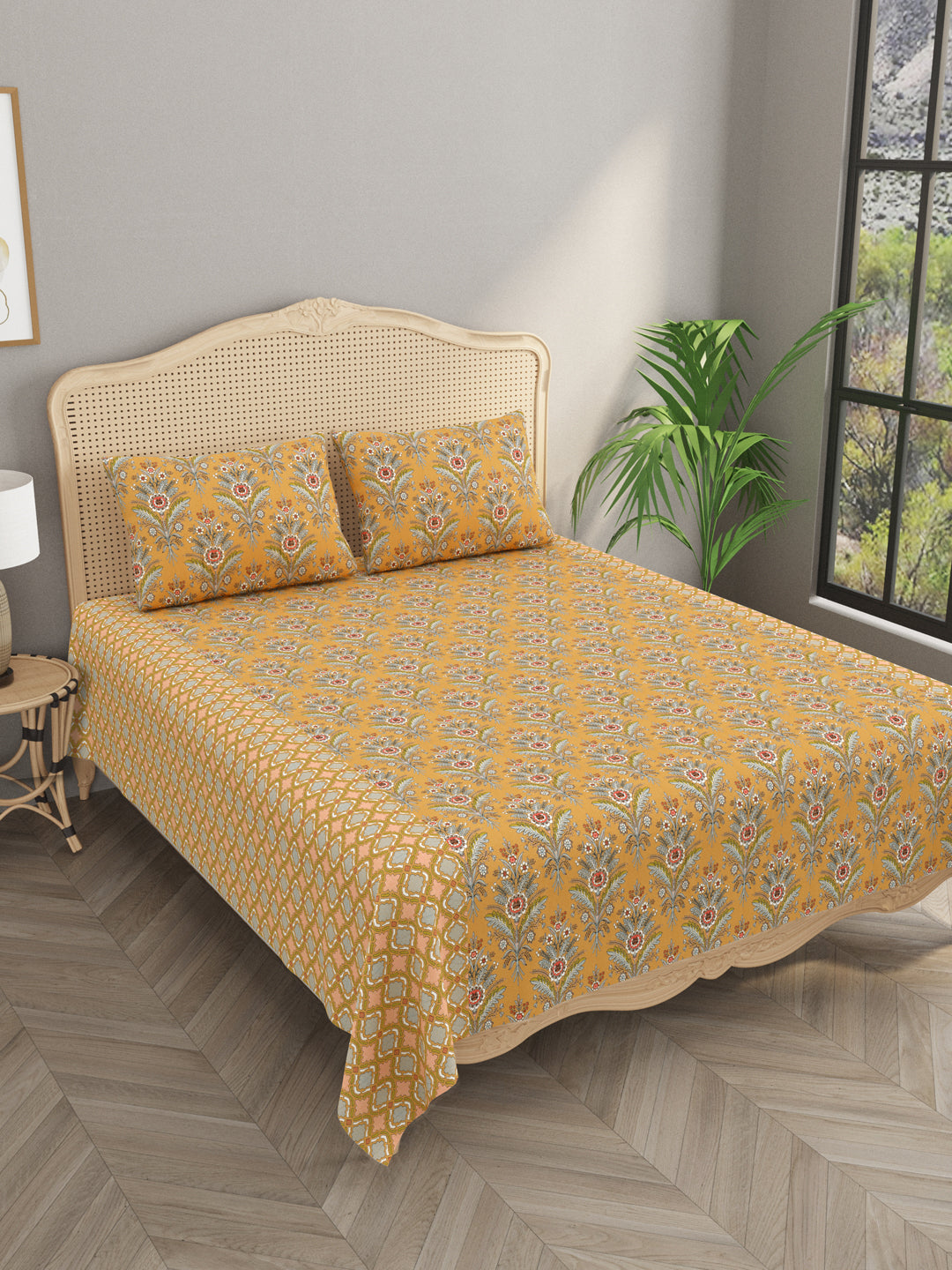 Premium Indigo Cotton Floral Print Super King Bedsheet with 2 Pillow Covers(108*108)