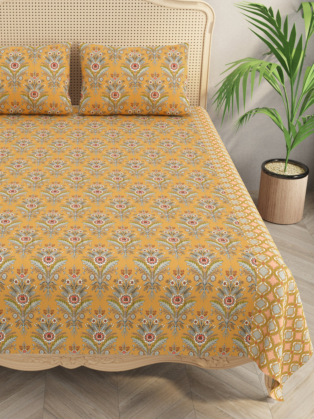 Premium Indigo Cotton Floral Print Super King Bedsheet with 2 Pillow Covers(108*108)