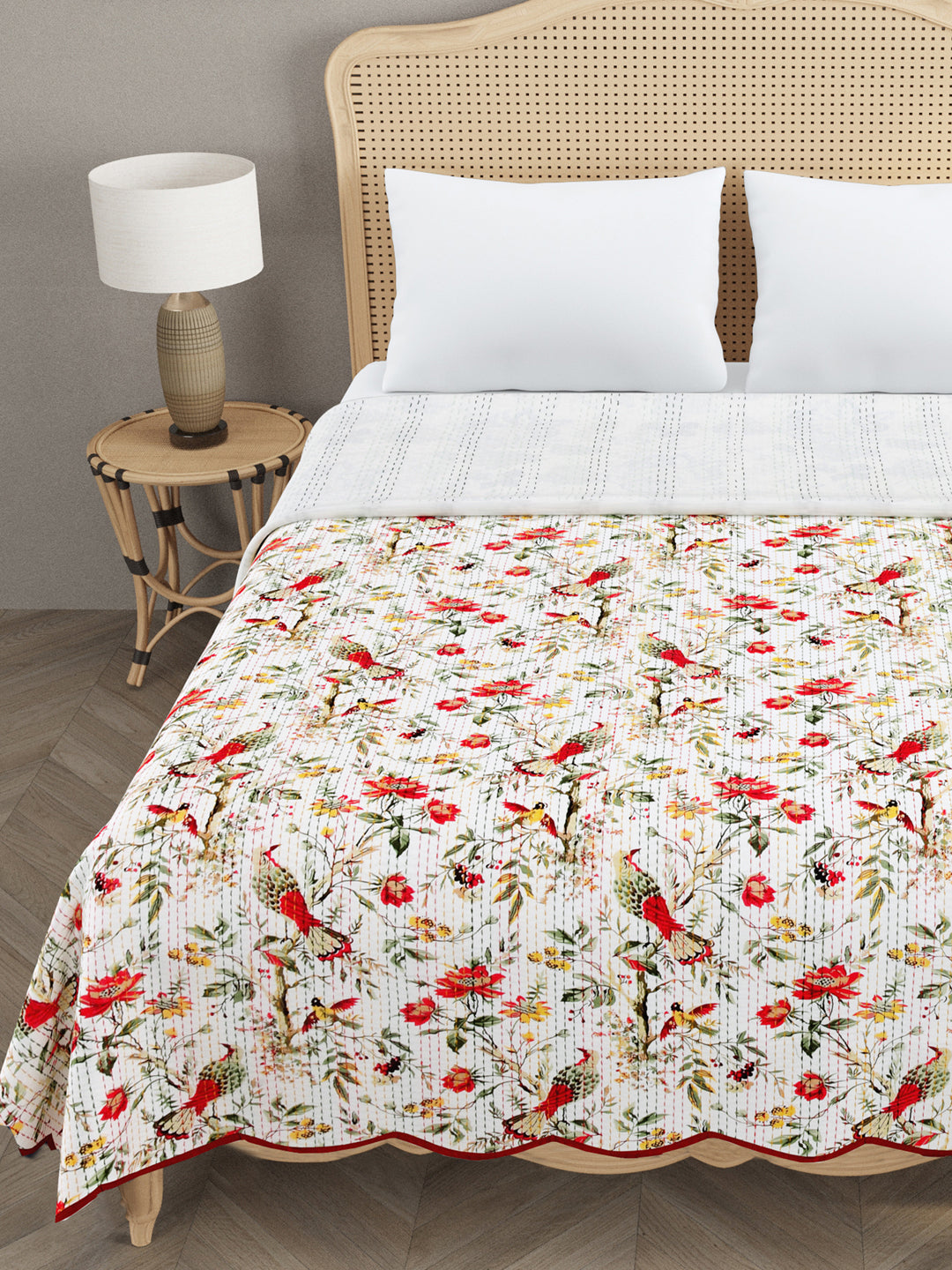 Handblock printed Kantha Bedcover