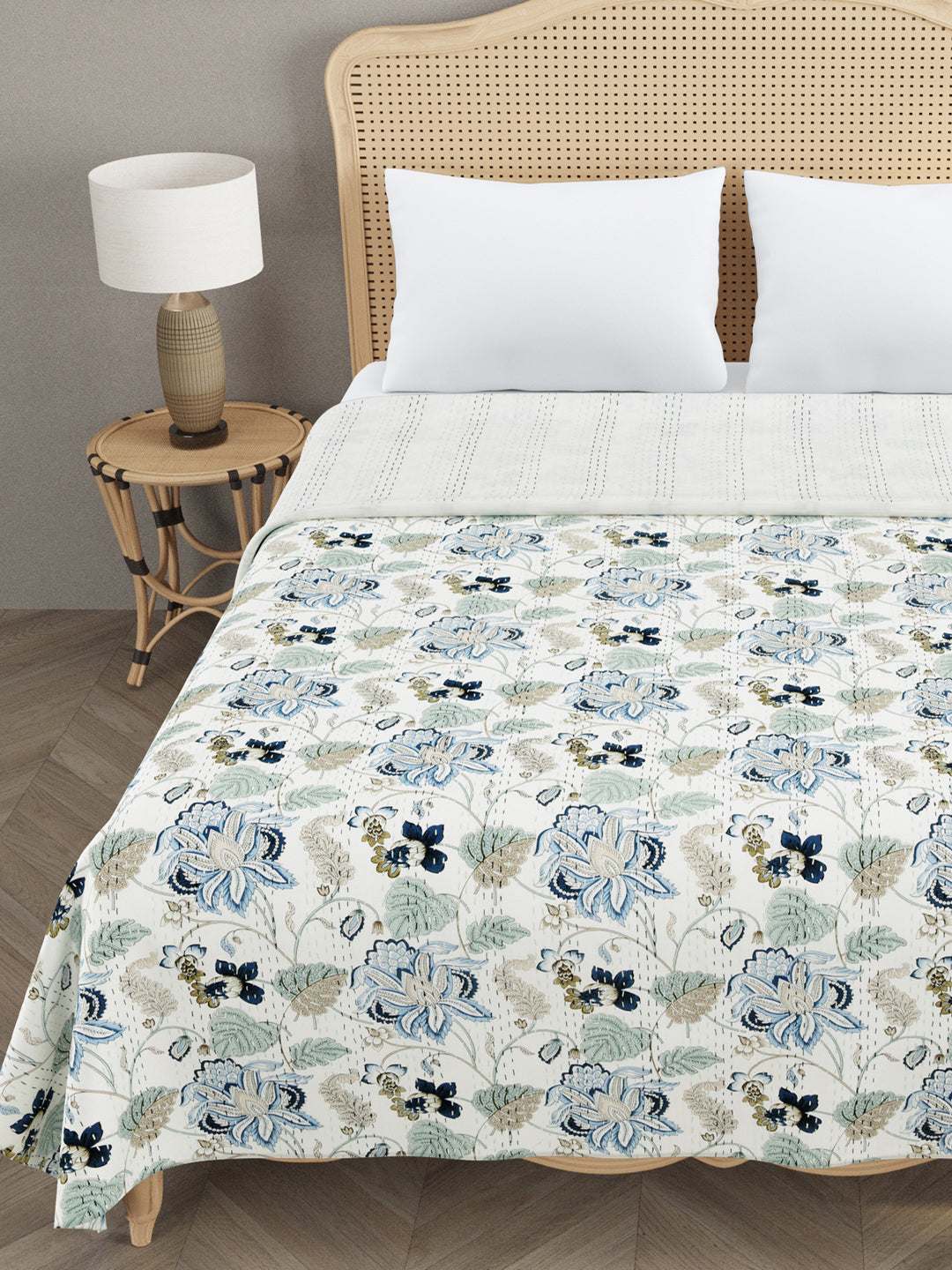 Handblock printed Kantha Bedcover