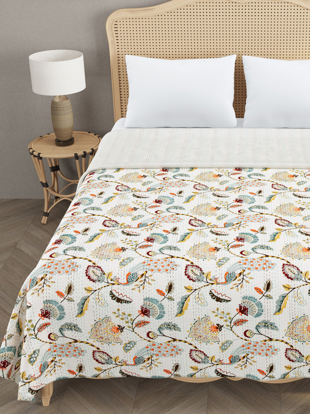 Handblock printed Kantha Bedcover