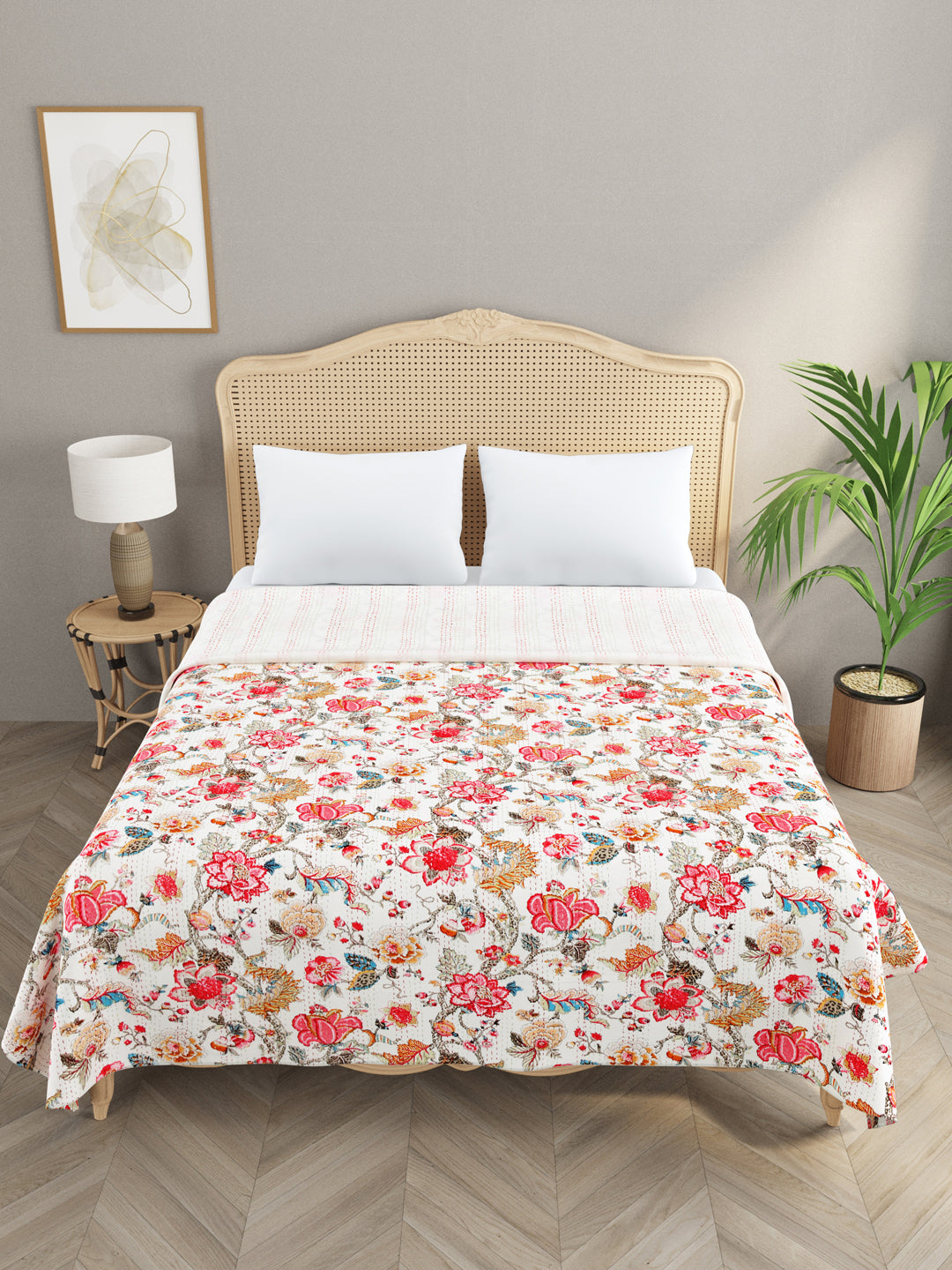 Handblock printed Kantha Bedcover