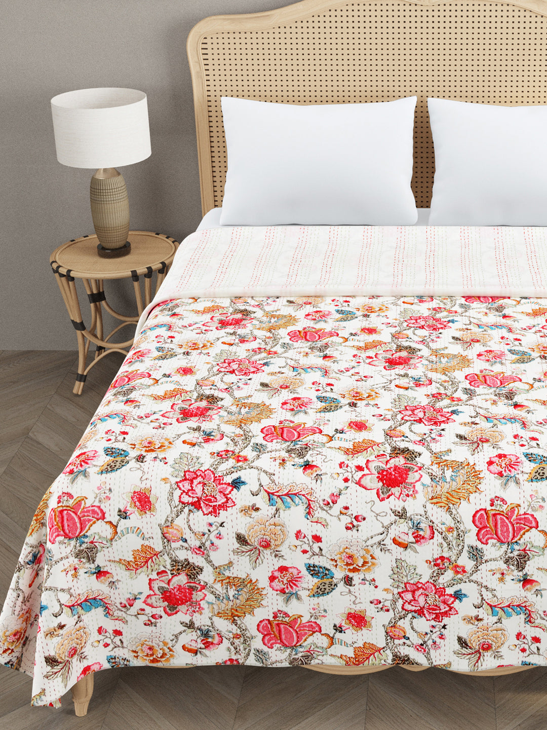 Handblock printed Kantha Bedcover