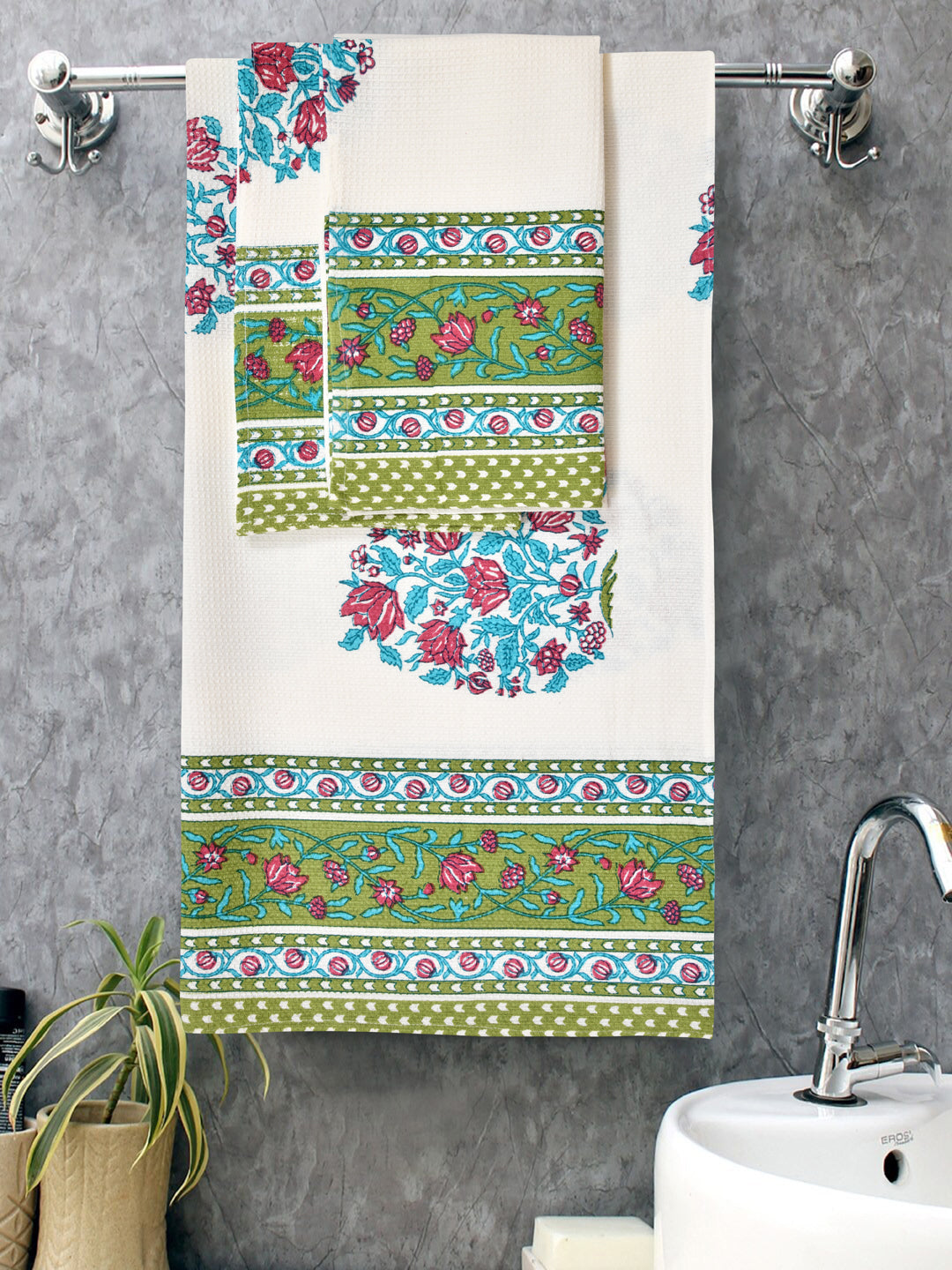 Gift Set - Handblock Printed Towels - 1 Bath + 2 Hand Towels