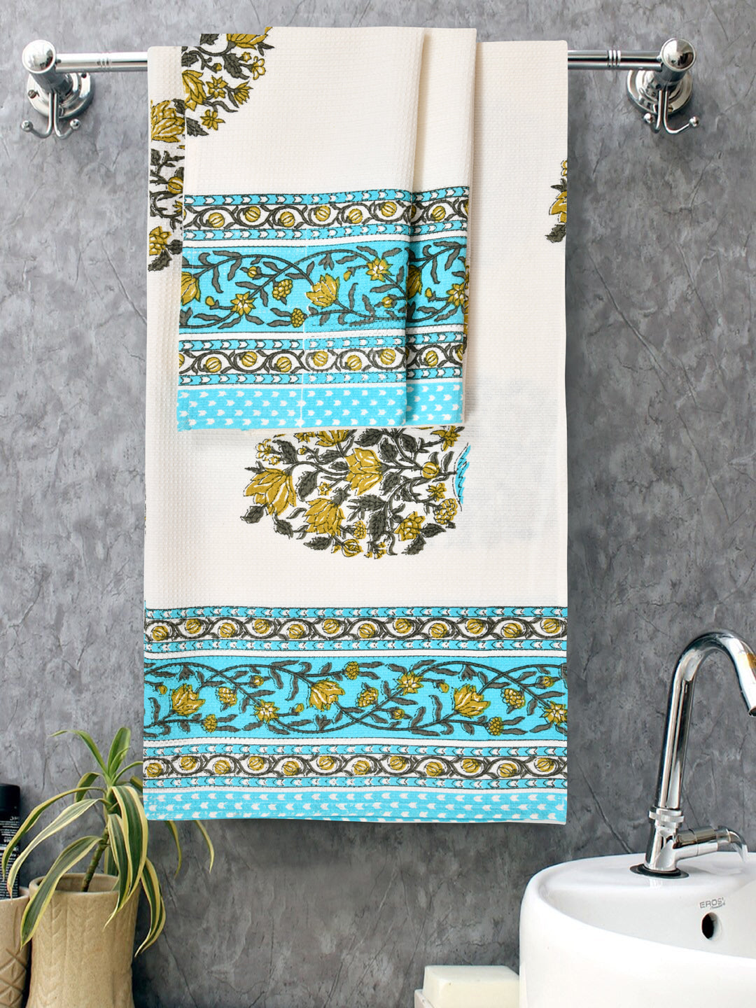 Gift Set - Handblock Printed Towels - 1 Bath + 2 Hand Towels