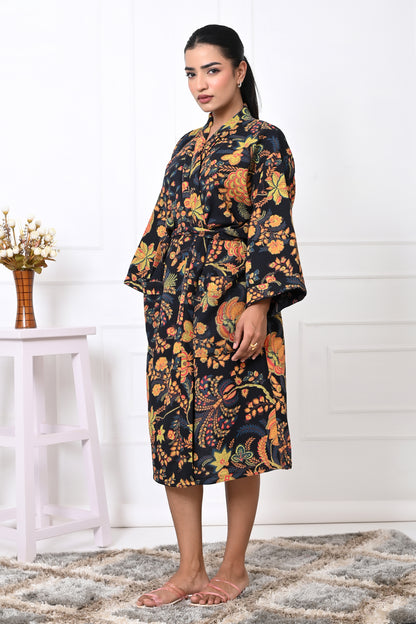 Waffle Cotton Handblock Printed Unisex Bathrobe - Free Size