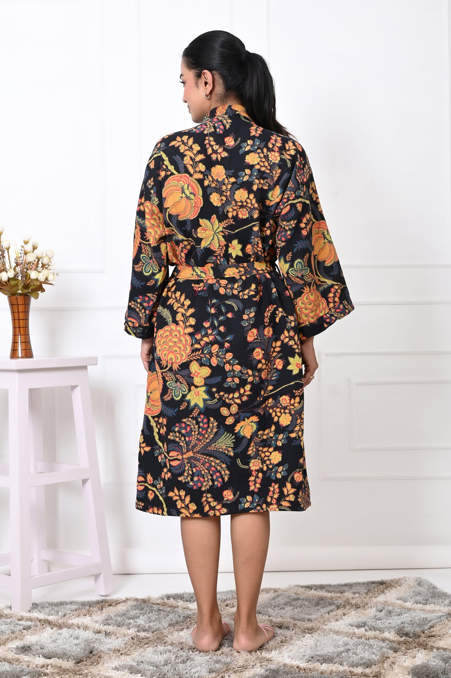 Waffle Cotton Handblock Printed Unisex Bathrobe - Free Size