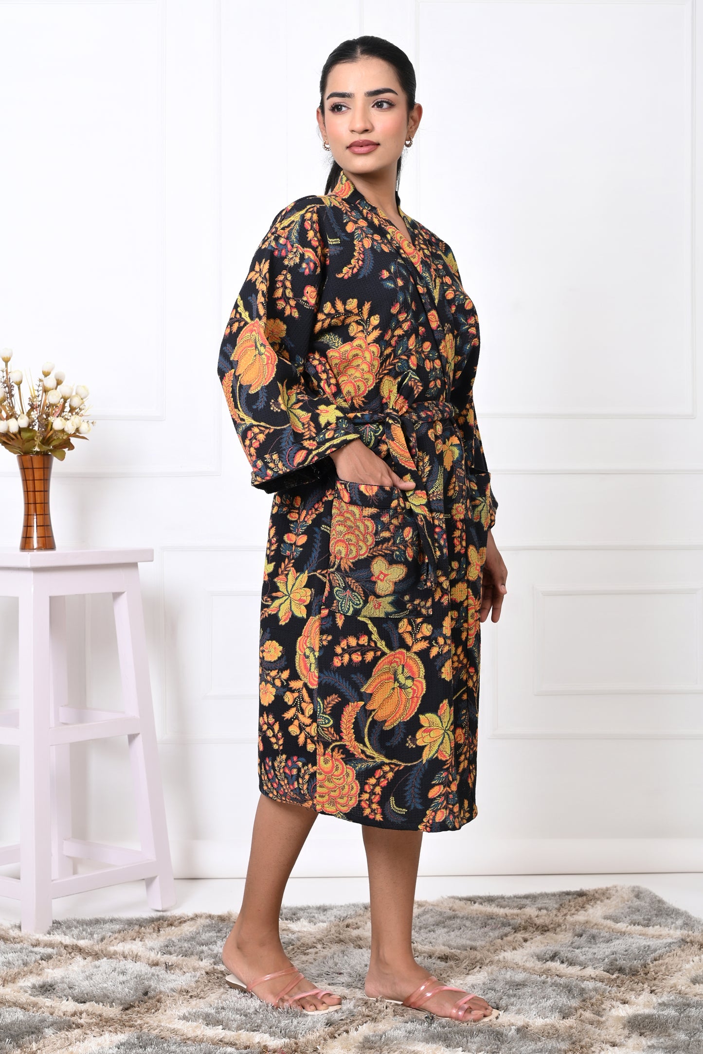 Waffle Cotton Handblock Printed Unisex Bathrobe - Free Size