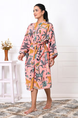 Waffle Cotton Handblock Printed Unisex Bathrobe - Free Size