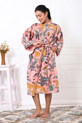Waffle Cotton Handblock Printed Unisex Bathrobe - Free Size