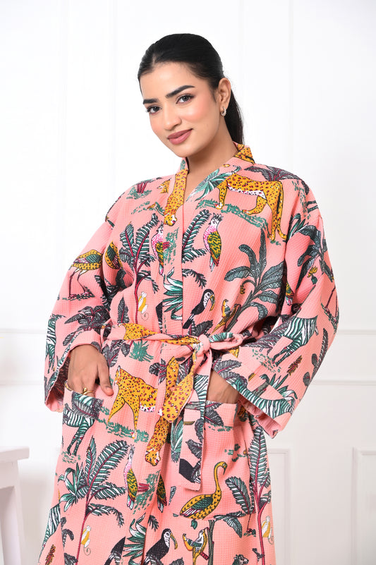 Waffle Cotton Handblock Printed Unisex Bathrobe - Free Size