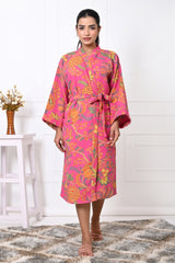 Waffle Cotton Handblock Printed Unisex Bathrobe - Free Size