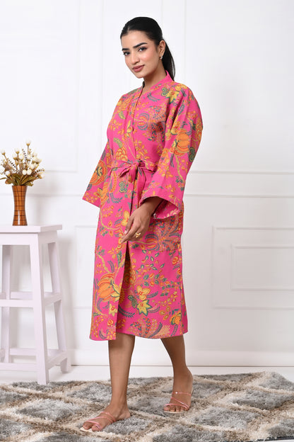 Waffle Cotton Handblock Printed Unisex Bathrobe - Free Size