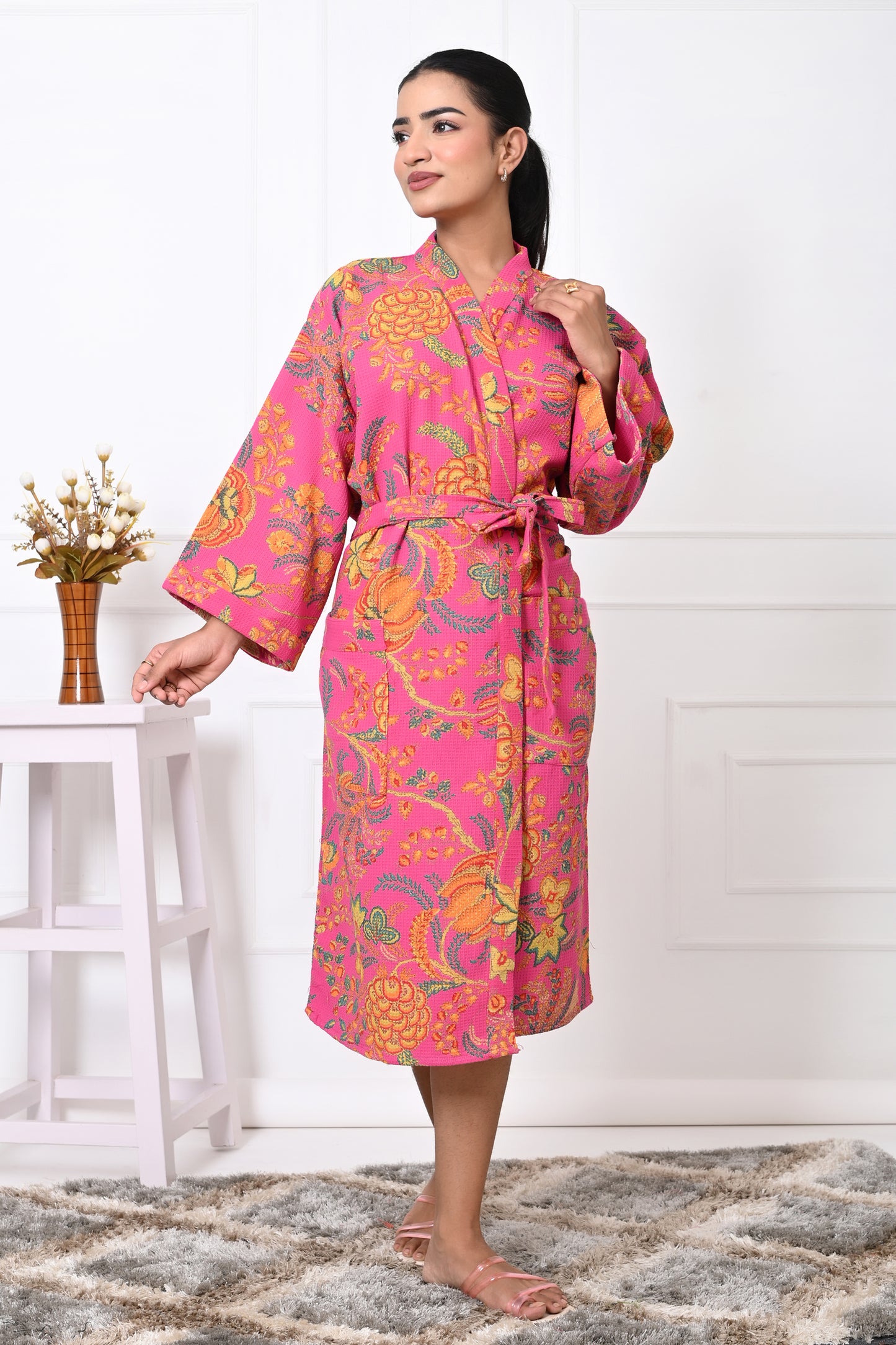 Waffle Cotton Handblock Printed Unisex Bathrobe - Free Size