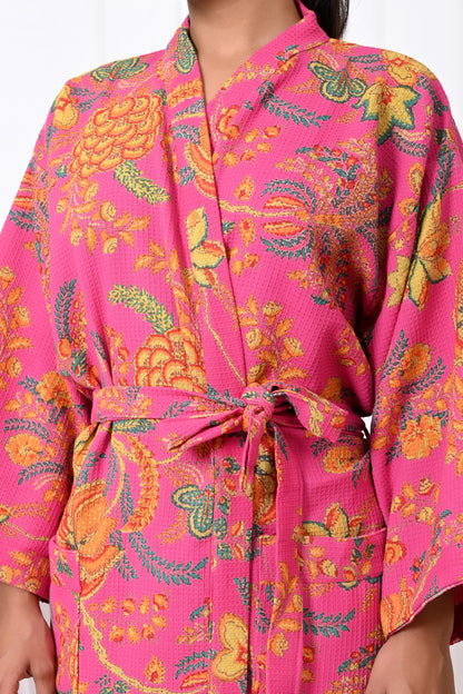 Waffle Cotton Handblock Printed Unisex Bathrobe - Free Size