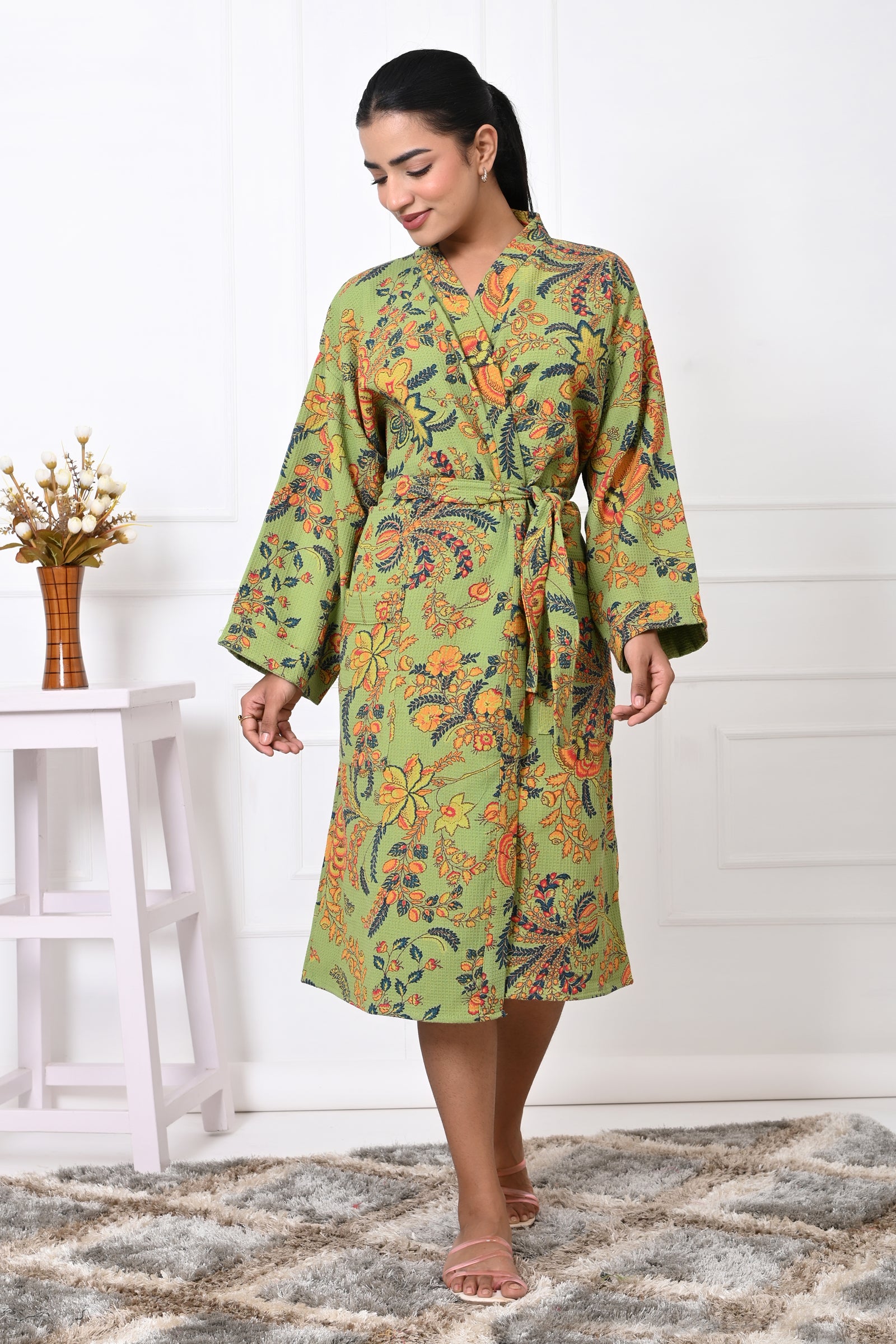 Waffle Cotton Handblock Printed Unisex Bathrobe - Free Size