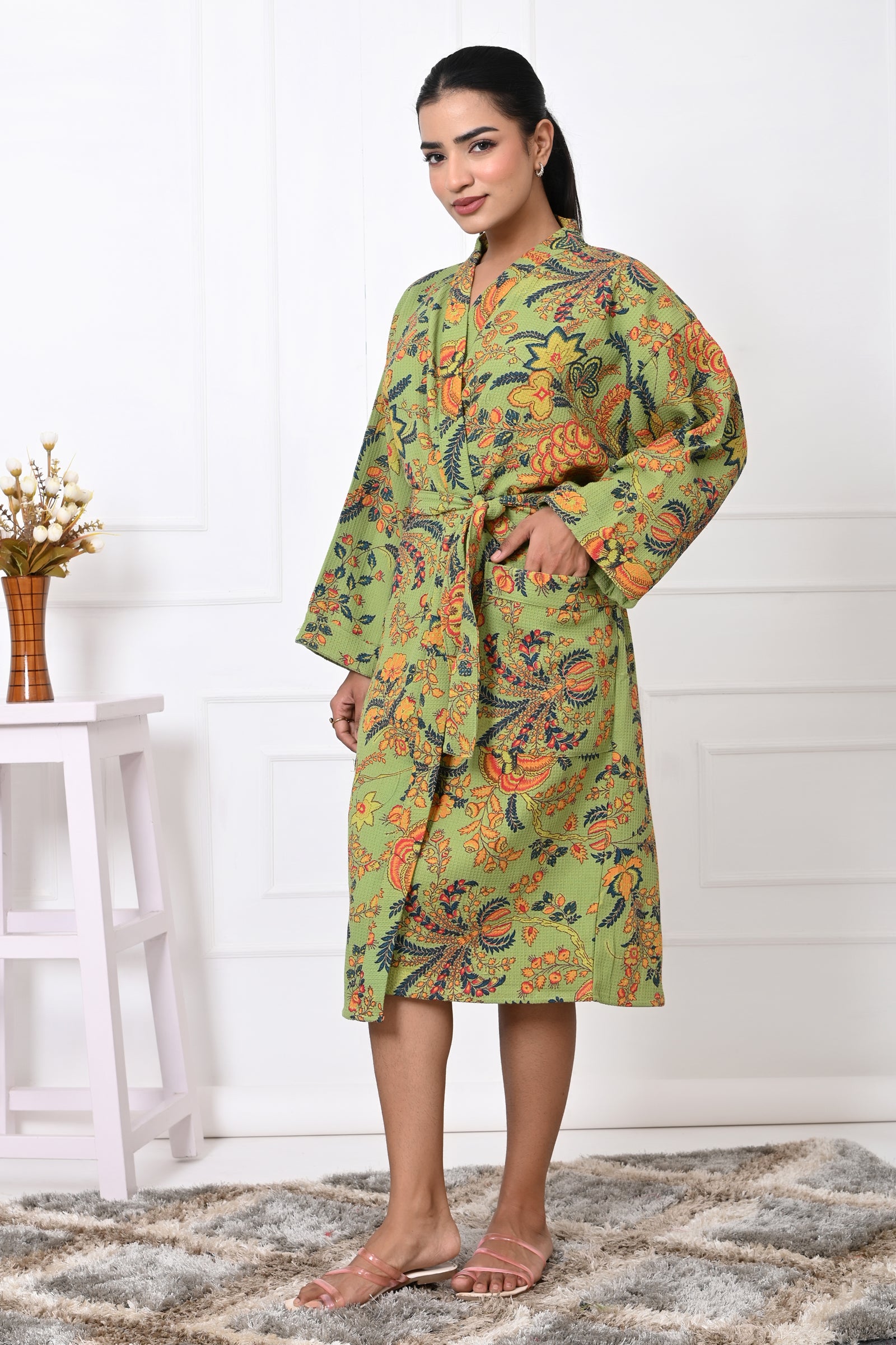 Waffle Cotton Handblock Printed Unisex Bathrobe - Free Size