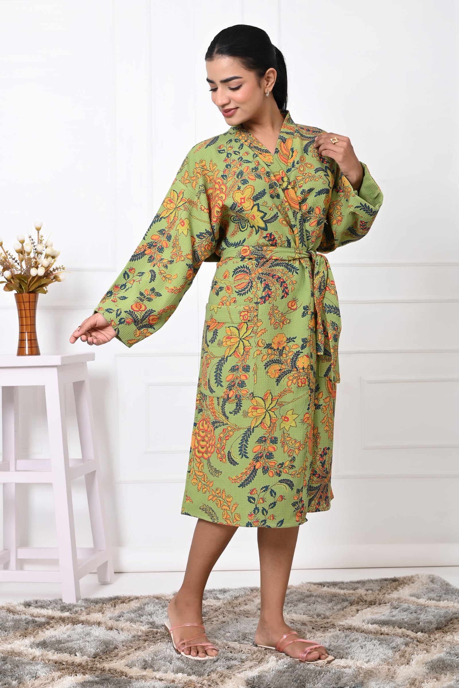 Waffle Cotton Handblock Printed Unisex Bathrobe - Free Size