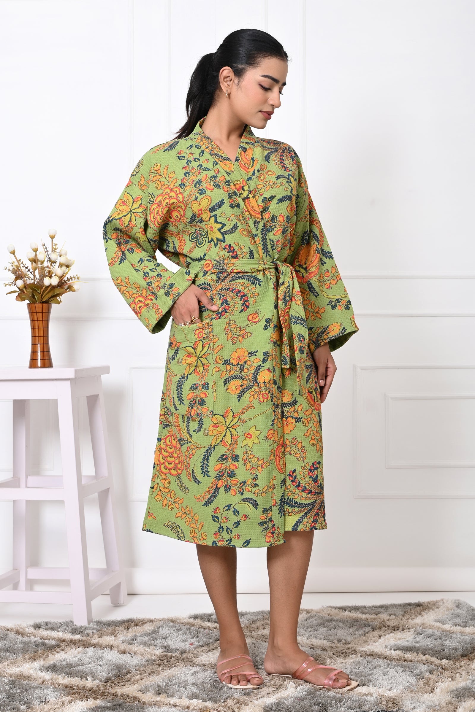 Waffle Cotton Handblock Printed Unisex Bathrobe - Free Size