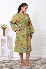 Waffle Cotton Handblock Printed Unisex Bathrobe - Free Size