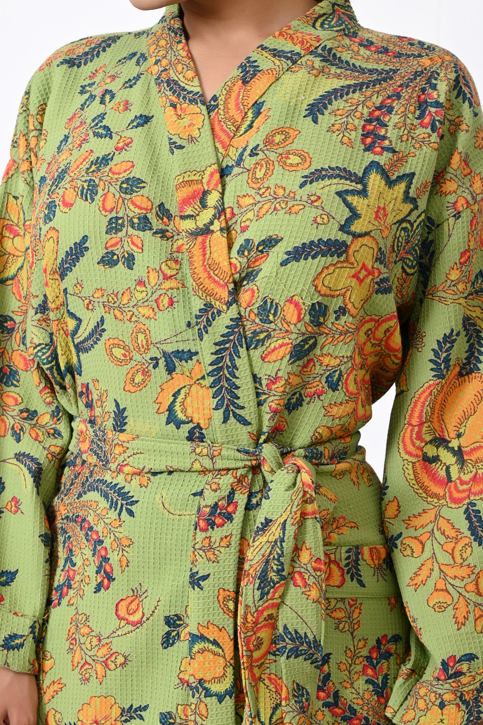 Waffle Cotton Handblock Printed Unisex Bathrobe - Free Size